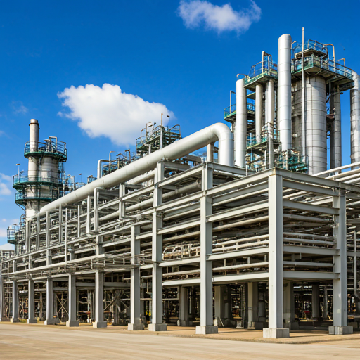 A complex network of pipes and structures at an oil refinery.