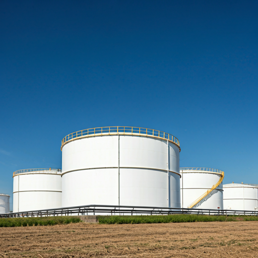 A series of large, white cylindrical storage tanks at an energy facility.