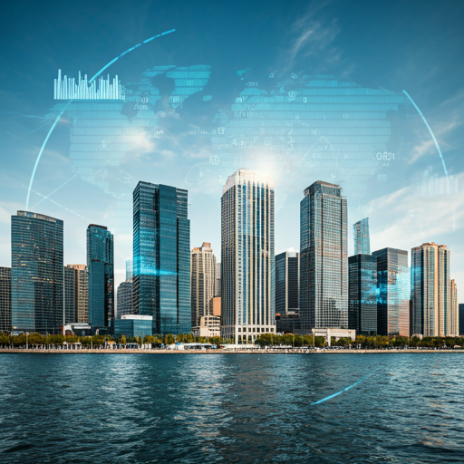 A modern cityscape with overlayed digital data interfaces, representing global business and technology