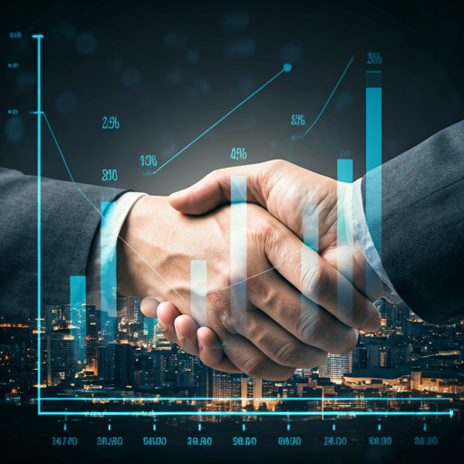 Double exposure of a handshake over a modern cityscape with financial charts