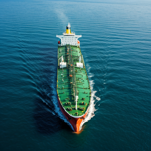 An oil tanker ship sailing on the sea, seen from above