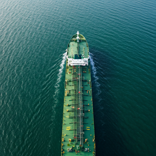 An oil tanker ship sailing on the water, viewed from above.