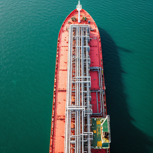 Aerial view of a large red industrial ship with intricate piping