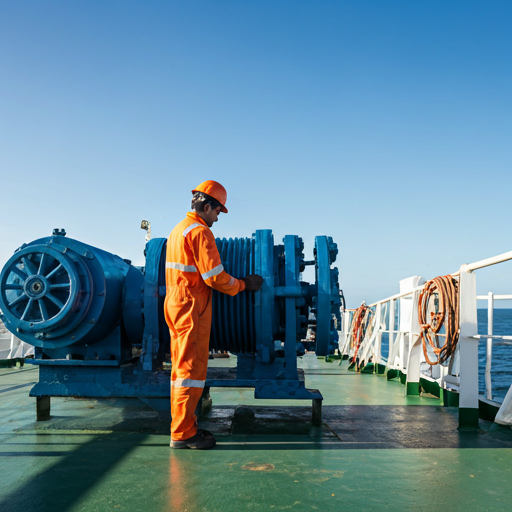 Worker in an orange uniform working on industrial equipment on a ship deck